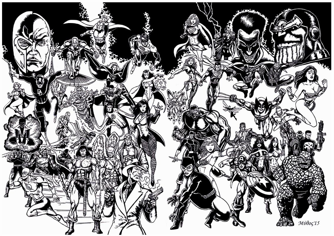 50 comics heroes in one double page