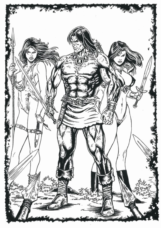 Conan the Barbarian with two Amazones